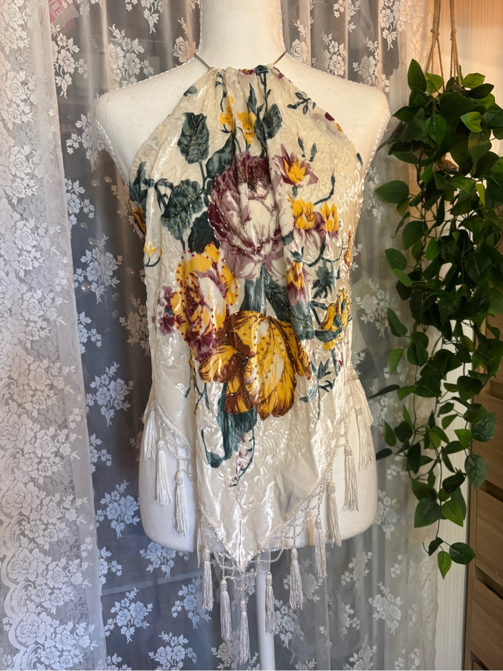 Silk Floral Halter Tassel Top - Cream with Yellow Green Purple y2k euro festival